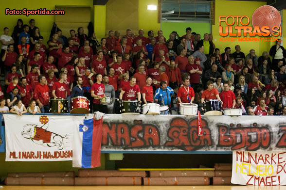 Supporters of ZRK Mlinotest Ajdovscina during handball match between ZRK Mlinotest Ajdovscina and RK Zagorje in 17th Round of Slovenian Women Handball League 2015/16 on April 6, 2016 in Sports hall Police Ajdovscina, Ajdovscina, Slovenia. Photo By Urban Urbanc / Sportida