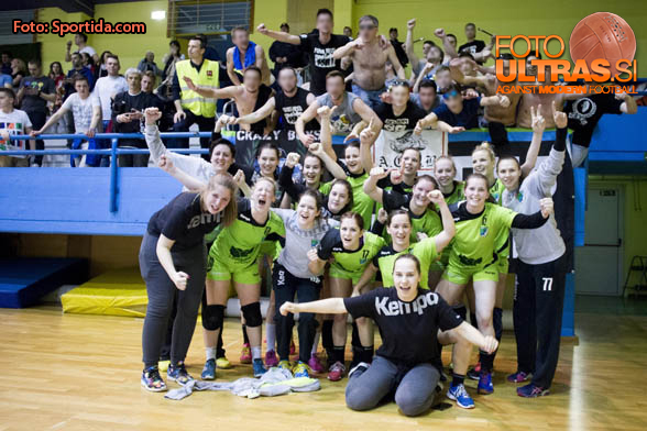 Players of RK Zagorje celebrate with fans after handball match between ZRK Mlinotest Ajdovscina and RK Zagorje in 17th Round of Slovenian Women Handball League 2015/16 on April 6, 2016 in Sports hall Police Ajdovscina, Ajdovscina, Slovenia. Photo By Urban Urbanc / Sportida