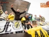 Supporters of Kalcer Radomlje with Jazbec Rok of NK Kalcer Radomlje celebrates their win after the football match between NK Triglav Kranj and NK Kalcer Radomlje in 26th Round of 2. SNL, on May 14, 2016 in Sports center Kranj, Kranj, Slovenia. Photo by Ziga Zupan / Sportida