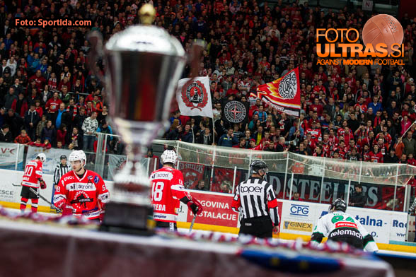 During ice hockey match between HDD SIJ Acroni Jesenice and HDD Telemach Olimpija in 4th leg of Finals of Slovenian National Championship 2014/2015, on April 15, 2015 in Podmezakla, Jesenice, Slovenia. Photo by Grega Valancic / Sportida